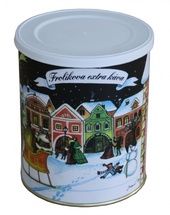 Frolíková Extra káva vianočná mletá 250 g v dóze - chuť je veľmi jemne do horúcej, s nádychom orieškov. Jan Frolík - Pražírna kávy