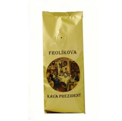 Frolíkova káva Prezident 500 zrnková. Jedná se o specifickou chuť kávy pocházející z Afriky. Jan Frolík - Pražírna kávy