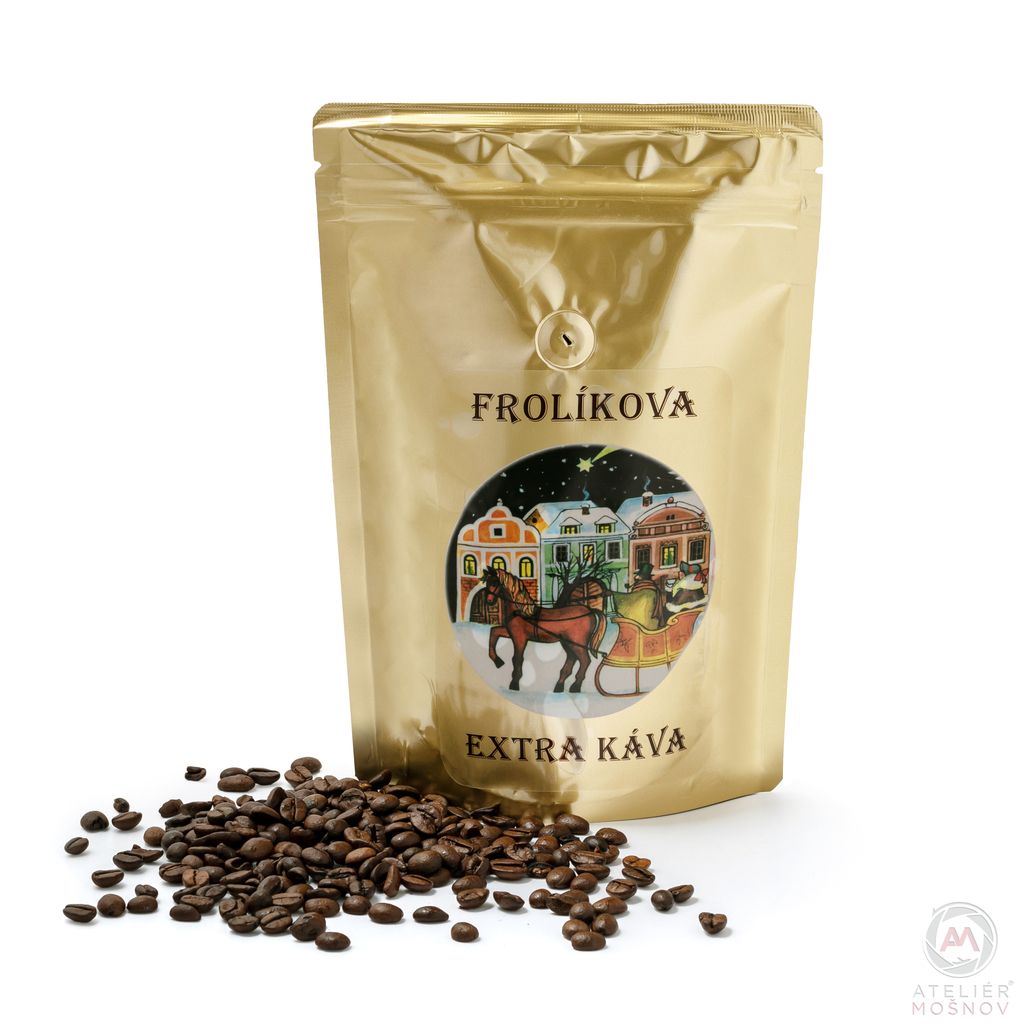 Frolíková Extra káva vianočná zrnková 1000 g - chuť je veľmi jemne do horka s nádychom orieškov. Jan Frolík - Pražírna kávy