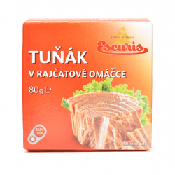 Tuniak v paradajkovej omáčke ESCURIS Sa vyrába z najobľúbenejšieho a najpoužívanejšieho druhu tuniaka skipjack tona (stripe-bellied Bonito, Katsuwonus pelamis). 80 g